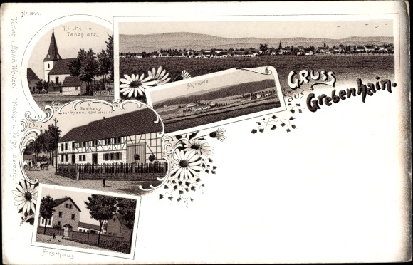 Chromo-Litho Grebenhain Hesse, church, dance floor, Ahlmühle, Inn zur Krone, forester&#39;s house