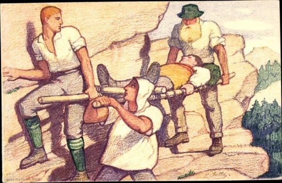 Postal stationery PC Switzerland, national celebration 1921, mountain rescue, men, stretcher, Caritas, Red Cross