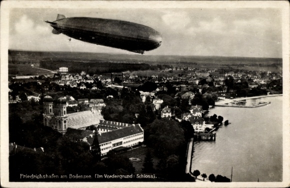 Ansichtkaart Friedrichshafen aan het Bodenmeer, kasteel, zeppelin