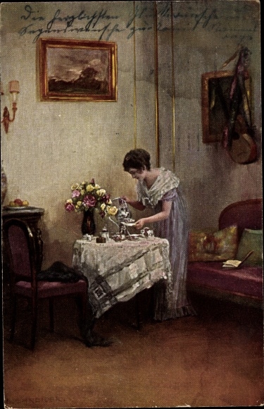 Künstler Ak Schneider, E., Geburtstagsmorgen, Teeservice, Amag 139