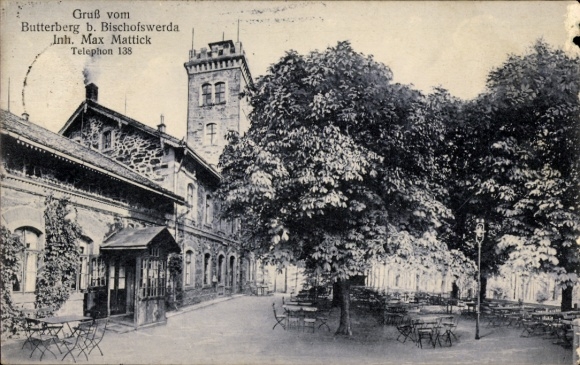 Ak Butterberg Bischofswerda in Sachsen, Butterberg,  Gebäude, Bäume, Terrasse, Max Mattick