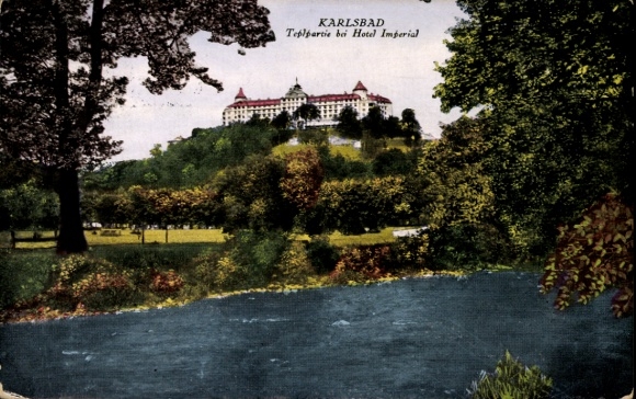 Postcard Karlsbad in Baden, Teplpartie near Hotel Imperial, landscape, water, hotel complex