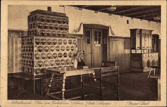 Postcard Schöna Reinhardtsdorf in Saxony, Nature Friends House at Zirkelstein, Great Hall, Tiled Stove