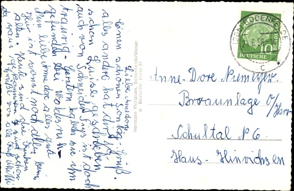 Postcard Bodenfelde on the Weser, view from Kahlberg, Reiherbachplatz, new school, deer, Weserpartie