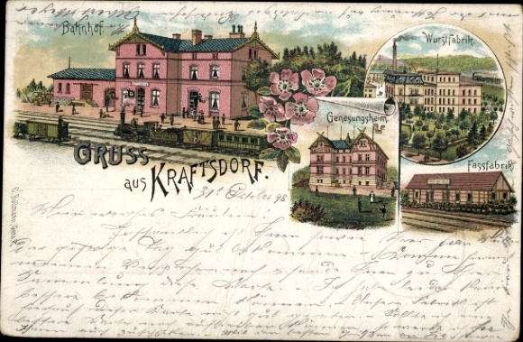 Chromo-Litho Kraftsdorf in Thuringia, train station, convalescent home, barrel factory