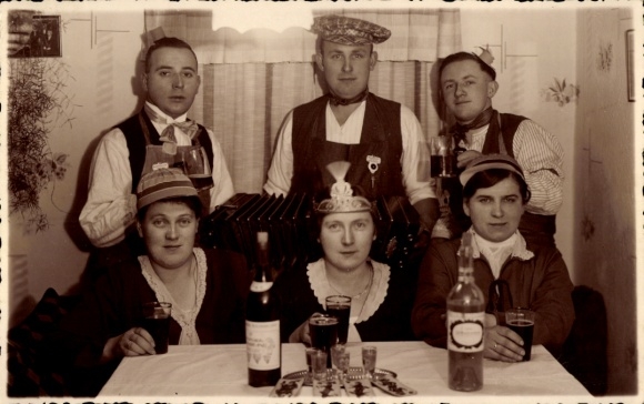 Photo Postcard group photo for carnival, Ella and Hans, Marthl and Walter
