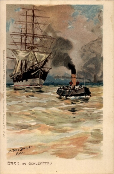 Artist Chromo-Litho Diemer, Zeno, Bark in tow