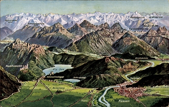 Ak Füssen im Ostallgäu, Berglandschaft, Alp See, Neuschwanstein, Hohenschwangau, Füssen