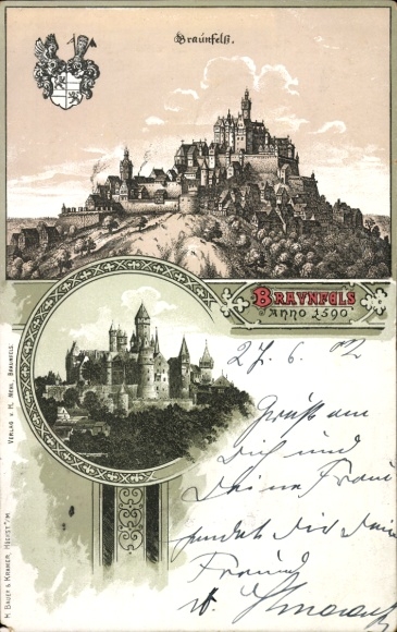 Chromo-Litho Braunfels on the Lahn, general view, coat of arms
