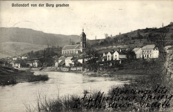 Postcard Bollendorf Rhineland Palatinate, parish church of St. Michael, view from the castle