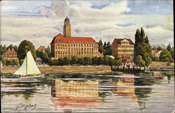 Artist PC Marschall, V., Lindau on Lake Constance Swabia, sailing boat, official building