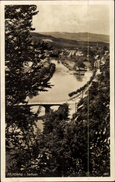 Ak Falkenau Sachsen, uitzicht op de stad, bossen, brug