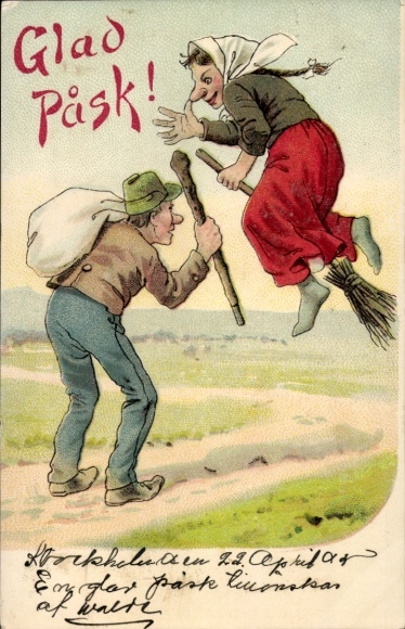 Chromo-Litho Happy Easter, witch flying on a broom