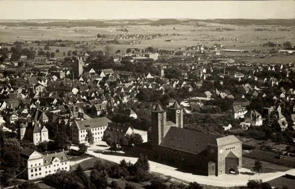 Postcard Memmingen in Swabia, aerial photograph, church