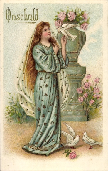 Ak Allegorie, Unschuld, Junge Frau, Tauben, Blumen