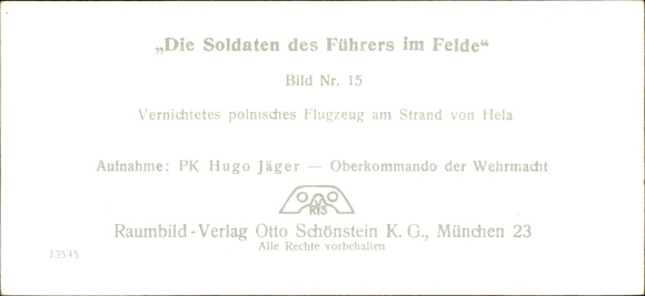 Stereo spatial image photo &quot;The soldiers of the Führer in the field&quot; No: 15, destroyed Polish plane on Hela
