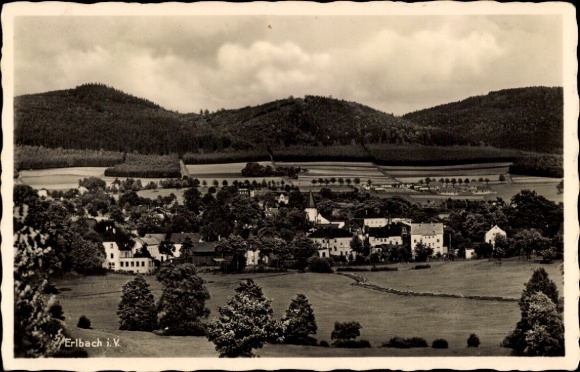 Postcard Erlbach in Vogtland, landscape photograph, village view, hill, inn, trees