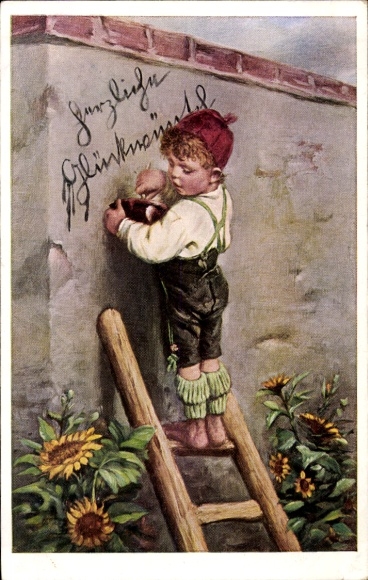 Artist Postcard Kaulbach, H., Little Congratulator, Boy on a Ladder, Sunflowers
