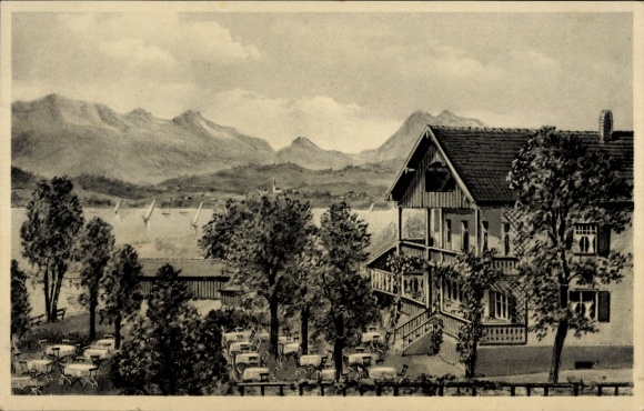 Postcard Simssee Stephanskirchen Upper Bavaria, beach restaurant, café guesthouse