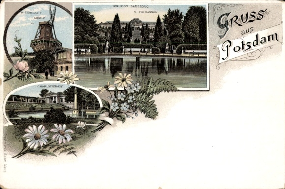 Litho Potsdam, historische Mühle, Schloss Sanssouci, Terrassen, Charlottenhof