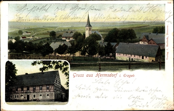 Postcard Hermsdorf in the Eastern Ore Mountains, church, panorama