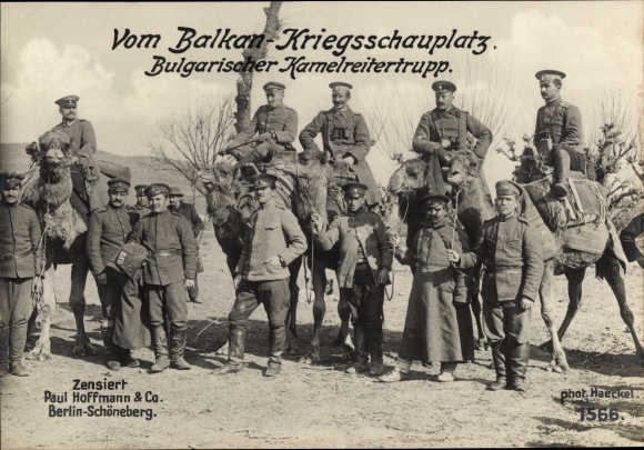 Postcard Balkan theater of war, Bulgarian camel rider squad, I WW