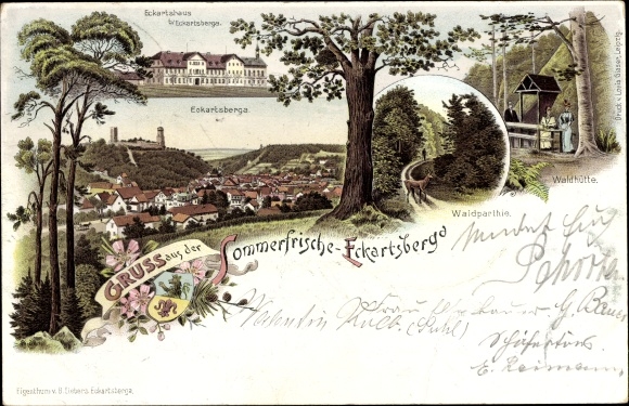 Litho Eckartsberga an der Finne im Burgenlandkreis, Waldpartie, Waldhütte, Wappen