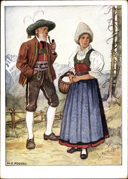 Artist Postcard Fossel, ME, man and woman in Tyrolean costume, Wipptal, VDA 1 41 2