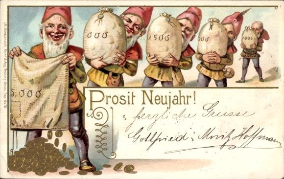 Embossed Gold Chromo-Litho Happy New Year, dwarves, money bags, gold coins