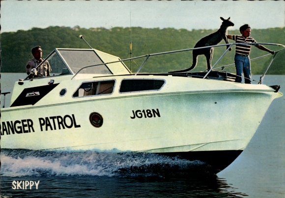 Postcard Skippy, the bush kangaroo, TV series, motorboat