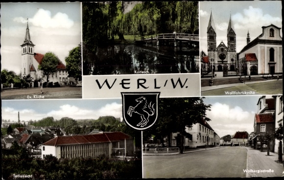 Ak Werl in Westfalen, Ev. Kerk, vijver, bedevaartskerk, straatdeel, wapenschild