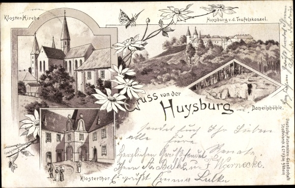 Chromo-Litho Huy am Harz, Huysburg seen from the Teufelskanzel, monastery church, monastery courtyard, Daneilshöhle