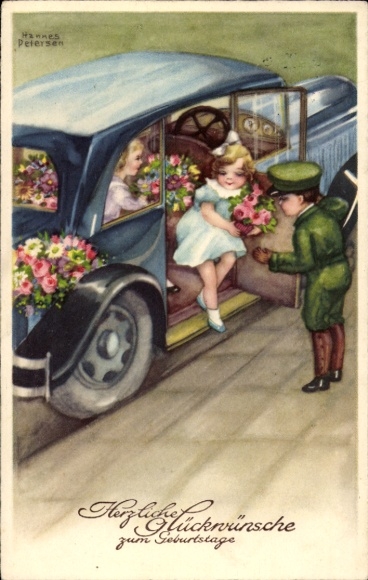 Kunstenaar Ak Petersen, H., Gelukkige verjaardag, Kinderen, Auto, Bloemen