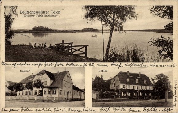Ak Deutschbaselitz Kamenz Sachsen, Deutschbaselitzer Teich, Gasthof, Schloss, Naturansicht, ruhig