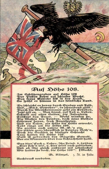 Gedicht Ak Künzel, A., Auf Höhe 108, Adler, Britische Fahne, Kuk Adler, Türkischer Sichelmond, I. WK
