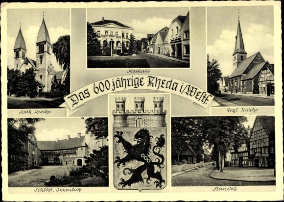 Wapenbriefkaart Rheda Wiedenbrück wijk Gütersloh, stadhuis, katholieke kerk, Ev. Kerk, kasteel, stenen pad