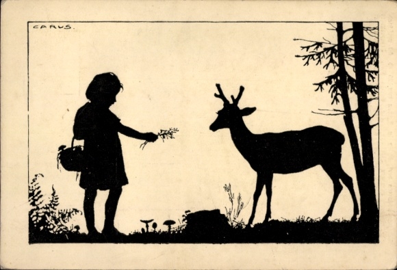 Paper cutting Postcard Carus, Girl feeding a deer