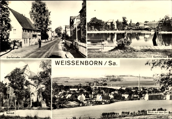 PC Weißenborn in the Ore Mountains, village street, summer pool, castle, town view