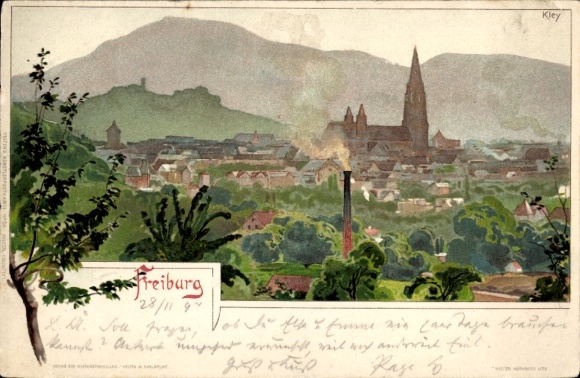 Kunstenaar litho Kley, Freiburg im Breisgau, uitzicht over de daken van de stad, kerk