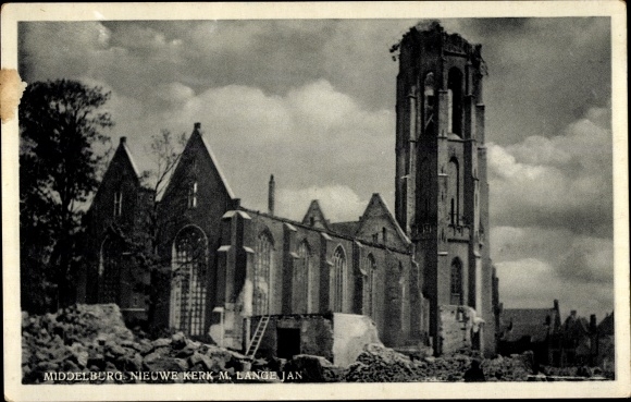 Zdjęcie Middelburg Zeeland Holandia, Nieuwe Kerk, Lange Jan, zniszczenia wojenne, II wojna światowa