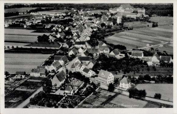 Postcard Wangen im Allgäu, aerial photograph, Wangen, houses, castle, rural surroundings