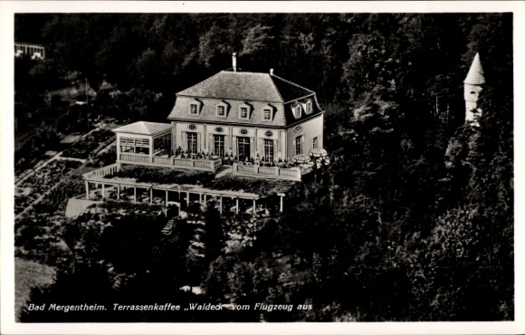 Postcard Bad Mergentheim in Tauberfranken, terrace café Walded, aerial photograph, garden landscape, buildings