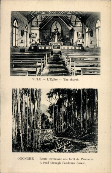 Ak Ononghe Papoea-Nieuw-Guinea, de kerk, weg door een pandanusbos