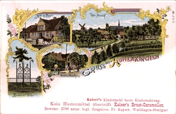 Chromo-Litho Hohenkirchen Wangerland Friesland, Hotel zur Post, Bismarck oak, total view, guest house