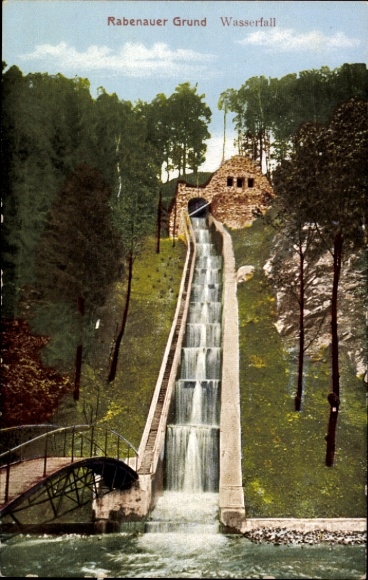 Postcard Rabenau in the Ore Mountains, Rabenauer Grund, waterfall, bridge