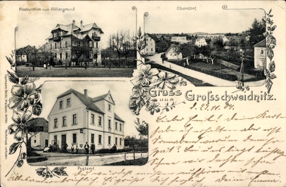 Postcard Großschweidnitz in Saxony, Three Views, Restoration of the Höllengrund, Oberdorf, Post Office