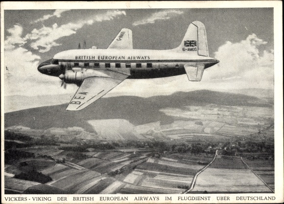 Postcard plane Vickers Viking of British European Airways over Germany