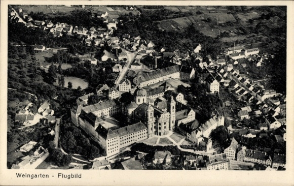 Postcard Weingarten in Württemberg, monastery church, aerial photograph