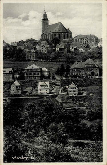 Postcard Schneeberg in the Ore Mountains, city view, church, houses, Ore Mountains