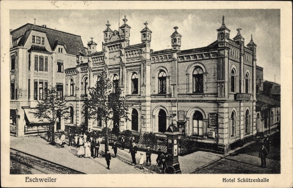 Postcard Eschweiler in North Rhine-Westphalia, Hotel Schützenhalle, passers-by, weather column